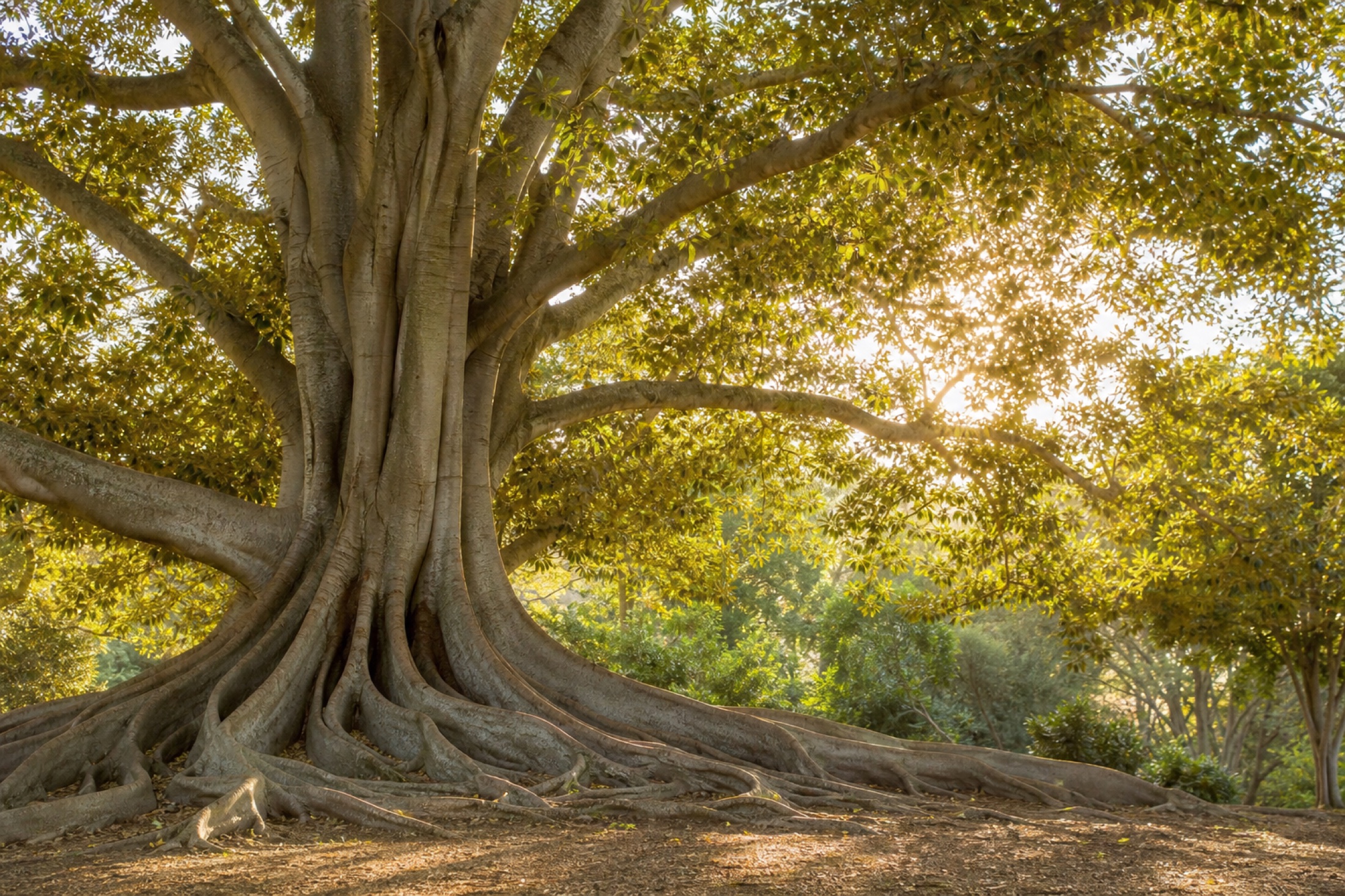 A mature banyan tree illuminated by warm afternoon light
